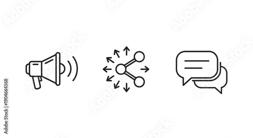 Communication Marketing and Social Sharing Line Icons, Megaphone Chat and Network Symbols on Isolated White Background