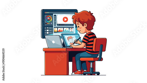 Young boy engrossed in digital art creation on computer.