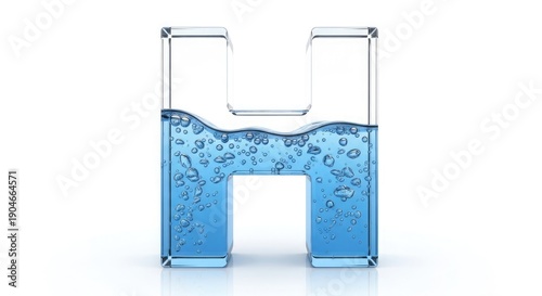 Clear glass letter H filled halfway with blue water and numerous small bubbles, isolated on a white background