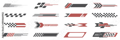 race car lines, racing stripe decals, black red speed line stripes, checkered patterns, sport vehicle boat tuning vector stickers.