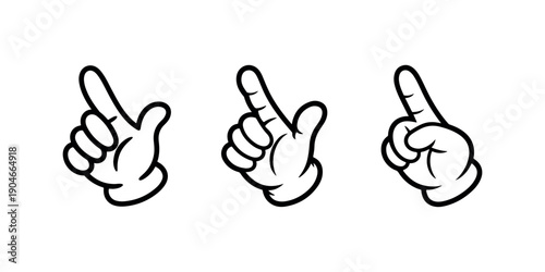 Cartoon glove hand pointing finger icon set retro comic style mascot gesture character direction symbol upward movement outline vector illustration concept design