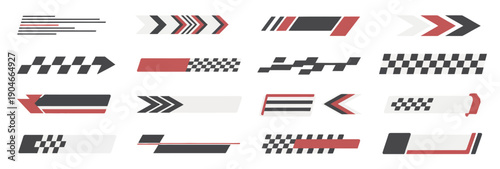 race car lines, racing stripe decals, black and red speed line stripes, checkered patterns, sport vehicle and boat tuning stickers.