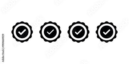 Four solid black badge icons featuring a check mark inside a circular seal representing approval quality validation success