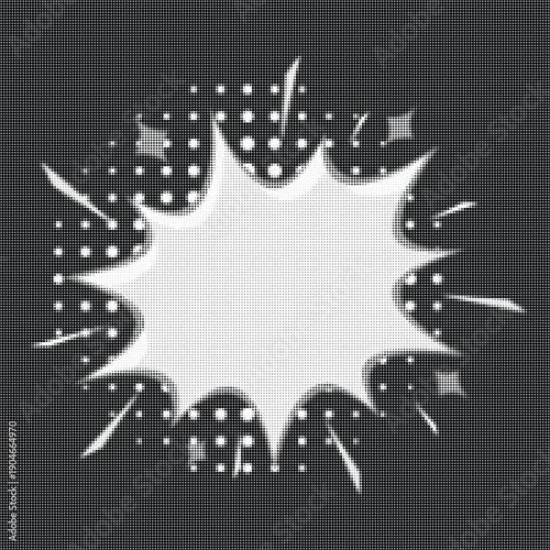 Comic book style explosion burst speech bubble on dark halftone background