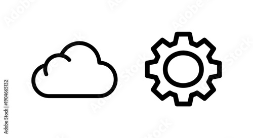 Cloud Services Configuration Icon Pair: Cloud Computing and Settings Gear Symbol in Outline Style