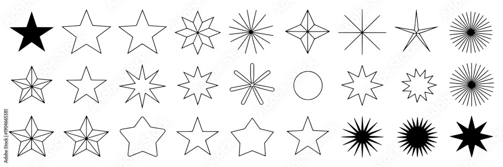 Fototapeta premium Stars outline and burst icons set with minimal black line shapes, sparkle symbols and sunburst starlets for logo design, rating badges, UI icons, stickers and decor