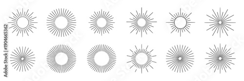 Suns line vector set with burst effects, sunburst designs, and radiant icons in various styles featuring sun, graphic, effect with icon and symbol elements for style, design projects, clean