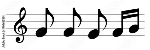 Notes musical set with black symbols on staff lines, clef, quarter note, eighth note featuring music, melody, rhythm with harmony and music theory elements for graphic resources projects, clean