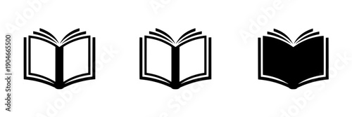 Books open set with simple black outline and filled designs featuring book, graphic resources, minimalist with education and reading elements for learning projects, clean composition on simple