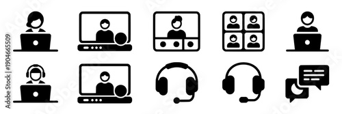 Icons remote work set with people using laptops and headsets in various configurations for online collaboration featuring teamwork, communication, digital workspace with virtual meetings and simple