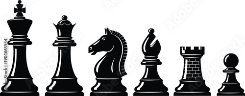 Black Chess Piece Silhouette Set Featuring King Queen Knight Bishop Rook And Pawn For Strategic Board Game Design Competition Logic And Intellectual Success Graphics