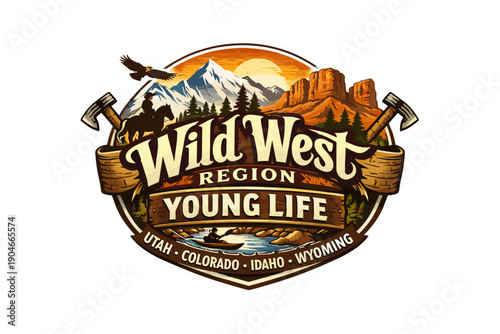 Vintage western style emblem with mountains, desert landscape, and rustic typography. Retro badge design inspired by Wild West themes, adventure culture, and regional identity.