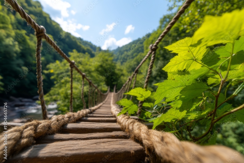 Obraz premium Woven Rope Bridge Spanning Narrow Gorge Surrounded by Lush Greenery and Natural Landscape