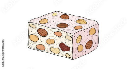 Delicious hand-drawn illustration of a rectangular block of nougat candy filled with a variety of crunchy nuts, perfect for festive treats and sweet desserts