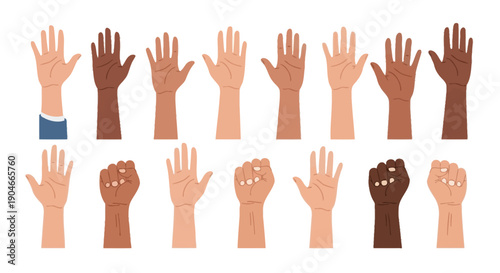 Collection of diverse hands showing different skin tones and gestures, symbolizing unity and equality, isolated on white background