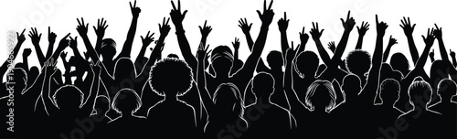 Black silhouette vector of a diverse crowd of people with raised hands cheering at a concert festival music event or public protest demonstration concept