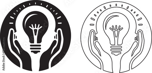 Hands holding light bulb icons in black and white for ideas and inspiration concepts vector illustration.