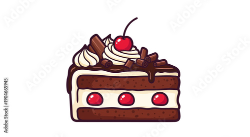 A tempting cartoon illustration of a rich chocolate cake slice adorned with whipped cream, chocolate shavings, and bright red cherries, perfect for any celebration or sweet craving