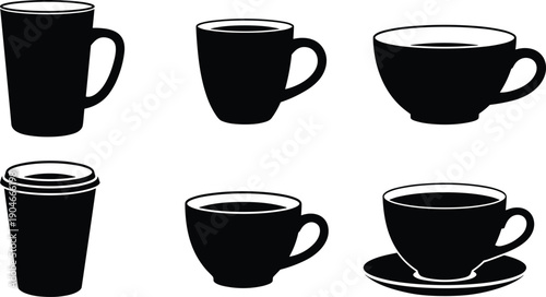 Black silhouette vector set of diverse coffee cups tea mugs and takeaway espresso containers for cafe branding morning breakfast and hot beverage catering concepts
