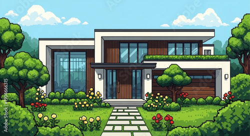 Modern Architectural House Design with Lush Green Landscaping.