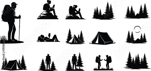 Black silhouette vector set of hikers camping tents and pine forest trees for outdoor adventure wilderness exploration trekking and mountain lifestyle tourism design concepts