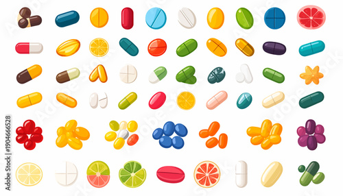 Assorted Medicinal Pills and Supplements Display.