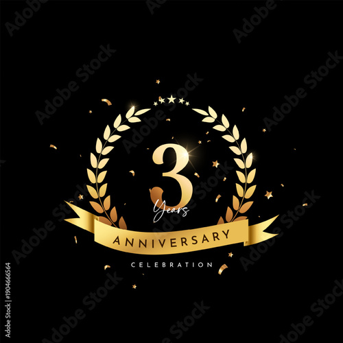 3 Year Anniversary celebration, Three Year Anniversary celebration On black background for celebration event, festive illustration, Golden number 3 sparkling confetti.