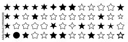 Stars vector set with black and white designs, various styles, and shapes featuring icons, graphics, symbols with rating and review elements for favorites, bookmarks projects, clean composition on