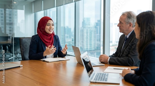 Dynamic business discussion featuring a confident young Muslim professional leading a boardroom meeting, showcasing teamwork, communication, and diversity in a modern corporate setting