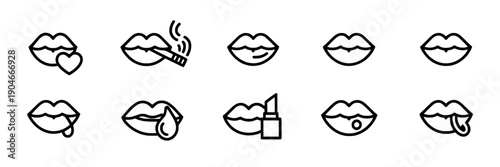 Lips icon set with various expressions and actions including kissing, smoking, and applying lipstick featuring icons, makeup, beauty with vector and illustration elements for simple, line art
