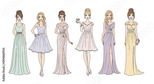 A chic collection of fashion illustrations showcasing six elegant women modeling a diverse array of stunning pastel evening and cocktail dresses, reflecting modern style and sophistication