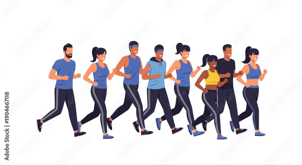 Obraz premium Group of diverse people in athletic wear running together in a line, embodying fitness and a healthy lifestyle