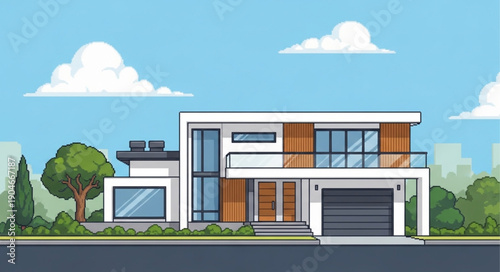 Modern Architectural House Design with Garage and Greenery.