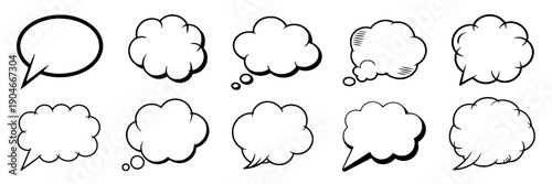 Speech bubbles set with various comic styles and shapes for dialogue and expressions featuring cartoon elements, illustration elements, graphic design elements with black and white and cartoon