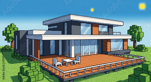 Modern Architectural House Design with Large Deck and Greenery.