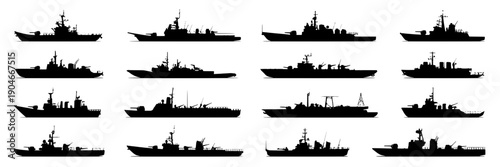 Warships silhouette set with various naval vessels and boats featuring silhouettes, black, white with military and navy elements for ships, maritime projects, clean composition on simple background
