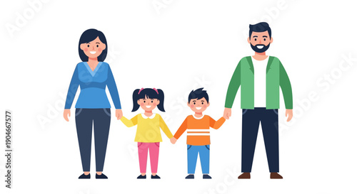 Cartoon illustration of a happy family, featuring parents and their two children holding hands, symbolizing love, unity, and togetherness on a clean white background