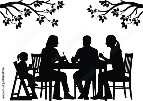 Family dining silhouette illustration, domestic meal vector artwork, parent child dinner design, home lifestyle graphic, togetherness table scene, family meal art