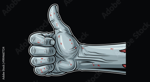 Zombie hand thumbs up, cartoon undead monster vector, halloween bloody approval sign, scary like gesture, isolated grey graphic design, horror sticker art, ok