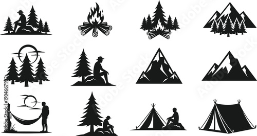Black silhouette vector set of outdoor camping elements including mountains pine trees campfires tents and hikers for wilderness adventure travel and nature exploration design concepts