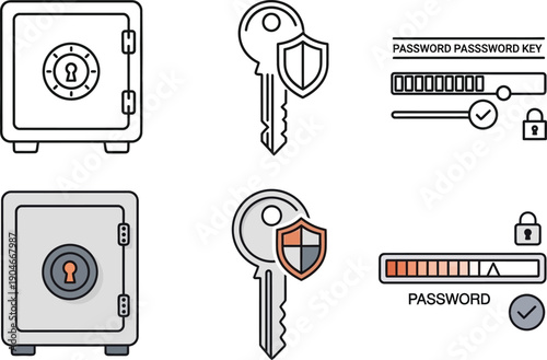 Security icons including safes and shielded keys isolated on transparent background