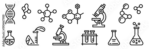 Laboratory icons set with equipment and molecular structures for scientific research and education featuring science, DNA, microscope with beaker and flask elements for test tube, chemistry projects,