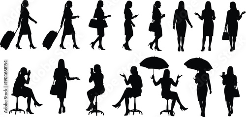 Black silhouette vector set of professional businesswomen walking with suitcases holding umbrellas and sitting for corporate travel office lifestyle and modern career design concepts