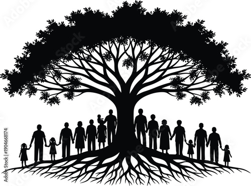 Family tree silhouette illustration, genealogy heritage vector, generational roots artwork, ancestry lineage design, people community graphic, family history connection art