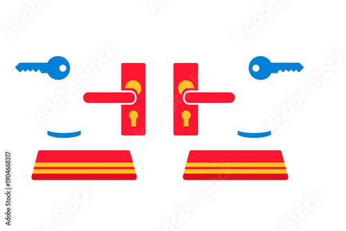 Colorful door handles and keys on a white background showing the design and function of door hardware used in homes or offices