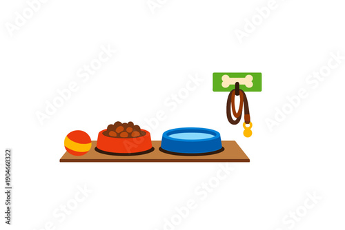 Dog feeding station with bowls and toys in a home setting during the day