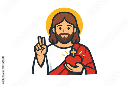 Jesus Christ Sacred Heart Icon – Blessing Hand Gesture, Divine Mercy, Holy Heart with Cross, Christian Vector Illustration