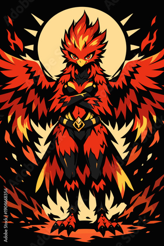 Bold dark fantasy illustration style fire phoenix humanoid character with wings, flames and mystical warrior design
