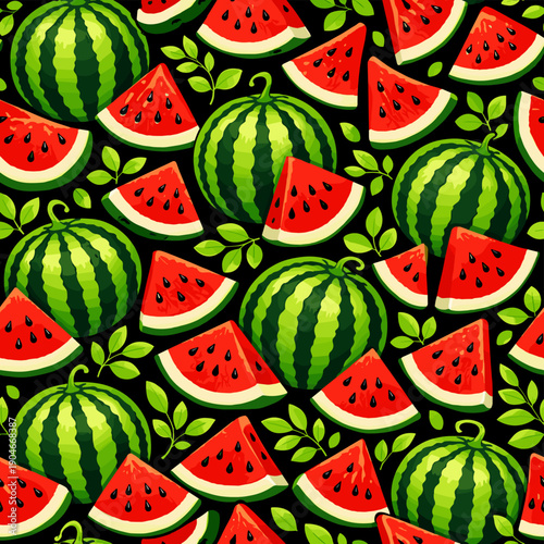 Colorful flat illustration style seamless watermelon pattern with whole and sliced watermelons on dark background