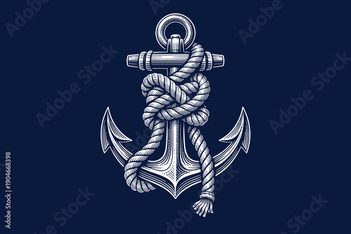 Nautical anchor illustration with rope knot, detailed metallic marine emblem on dark blue background, classic maritime symbol design.